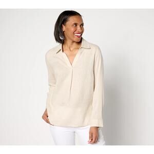Denim & Co. Naturals Linen Blend Collared Split-V Popover Shirt Size 2X Oatmel